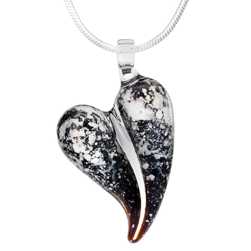 A black glass heart memorial pendant hangs from a sterling silver snake chain.