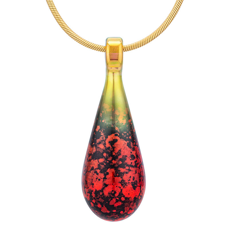 A garnet-red glass teardrop pendant necklace infused with cremation ashes, showcased on a sturdy gold snake chain against a clean white background.
