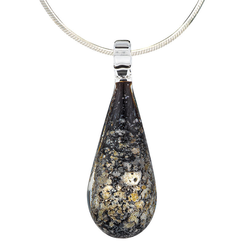 A black glass teardrop pendant necklace infused with cremation ashes, showcased on a sturdy silver snake chain against a clean white background.