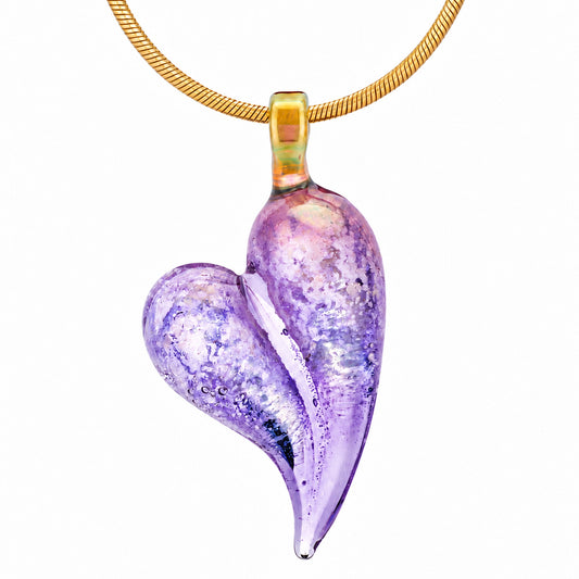 An Amethyst purple glass heart cremation pendant infused with a loved one's ashes