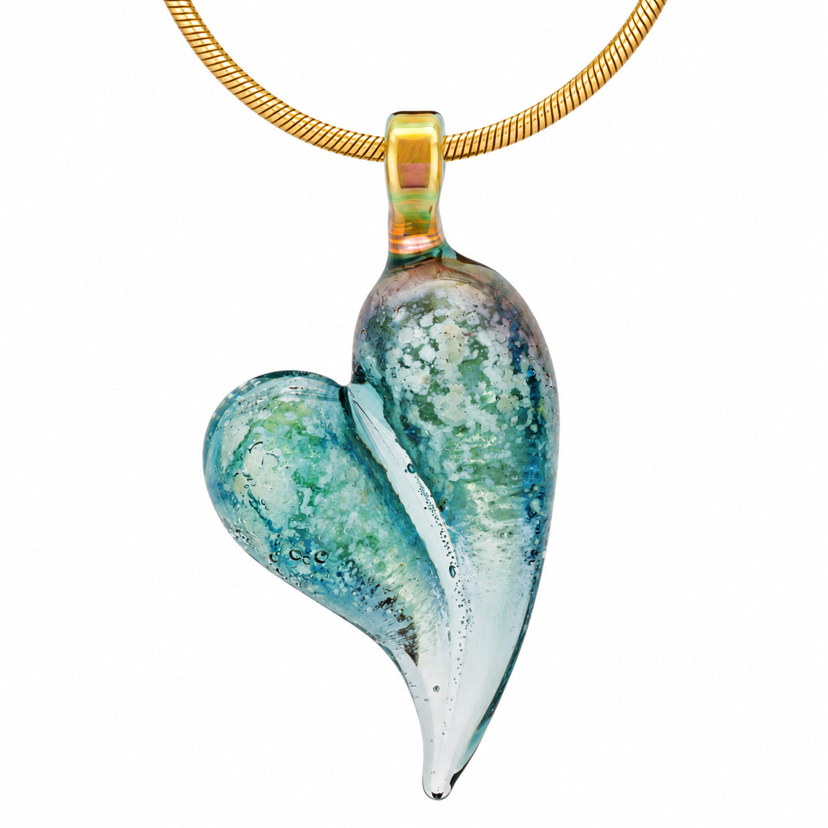An Aquamarine glass heart cremation pendant infused with a loved one's ashes