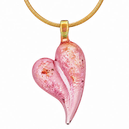 A berry-pink Rose Quartz glass heart cremation pendant infused with a loved one's ashes