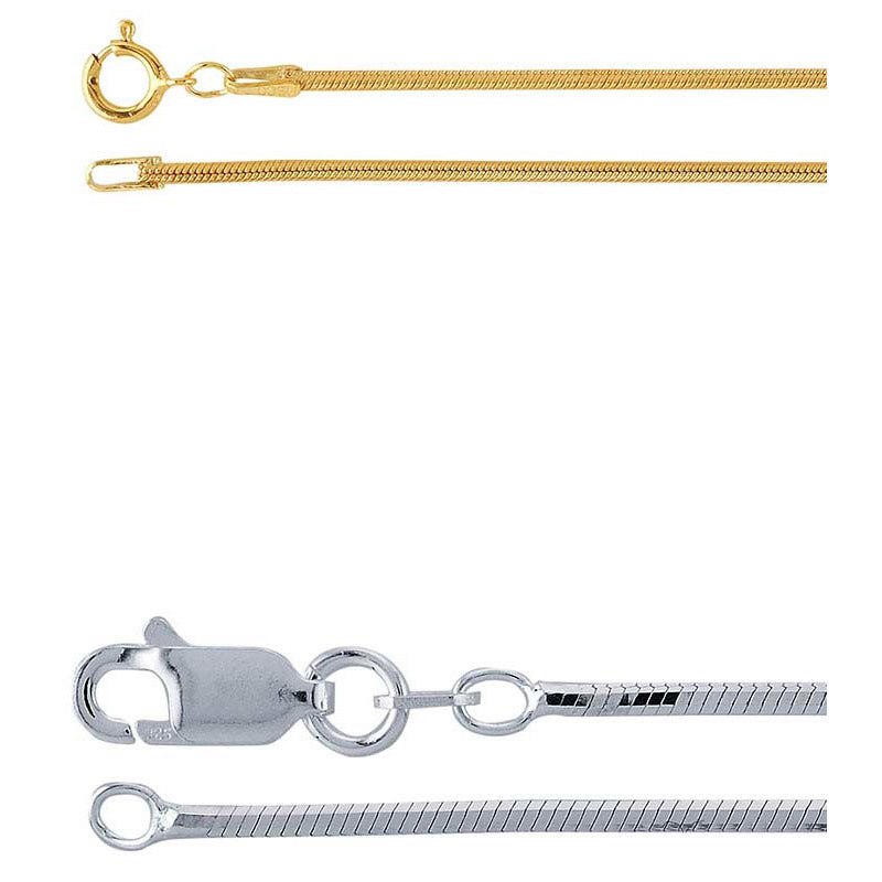 A yellow gold-filled and a sterling silver snake chain are shown on a white background.