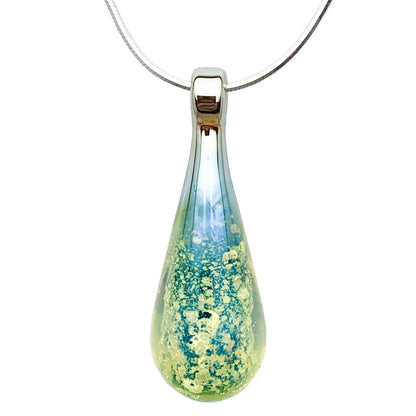 A yellowish-blue glass teardrop pendant necklace infused with cremation ashes, showcased on a sturdy silver snake chain against a clean white background.