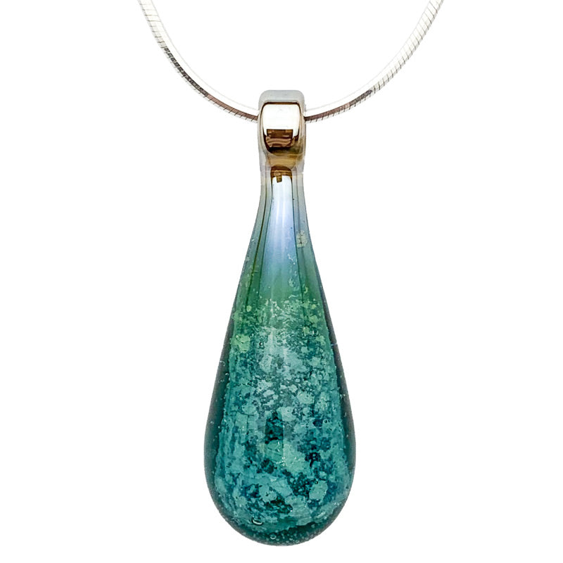 A sea-green glass teardrop pendant necklace infused with cremation ashes, showcased on a sturdy silver snake chain against a clean white background.