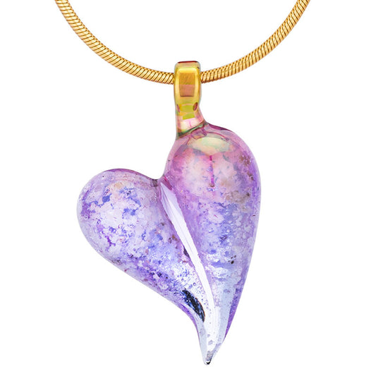 A purple glass heart memorial pendant hangs from a yellow gold snake chain.