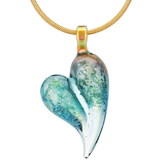An aquamarine glass heart memorial pendant hangs from a yellow gold snake chain.