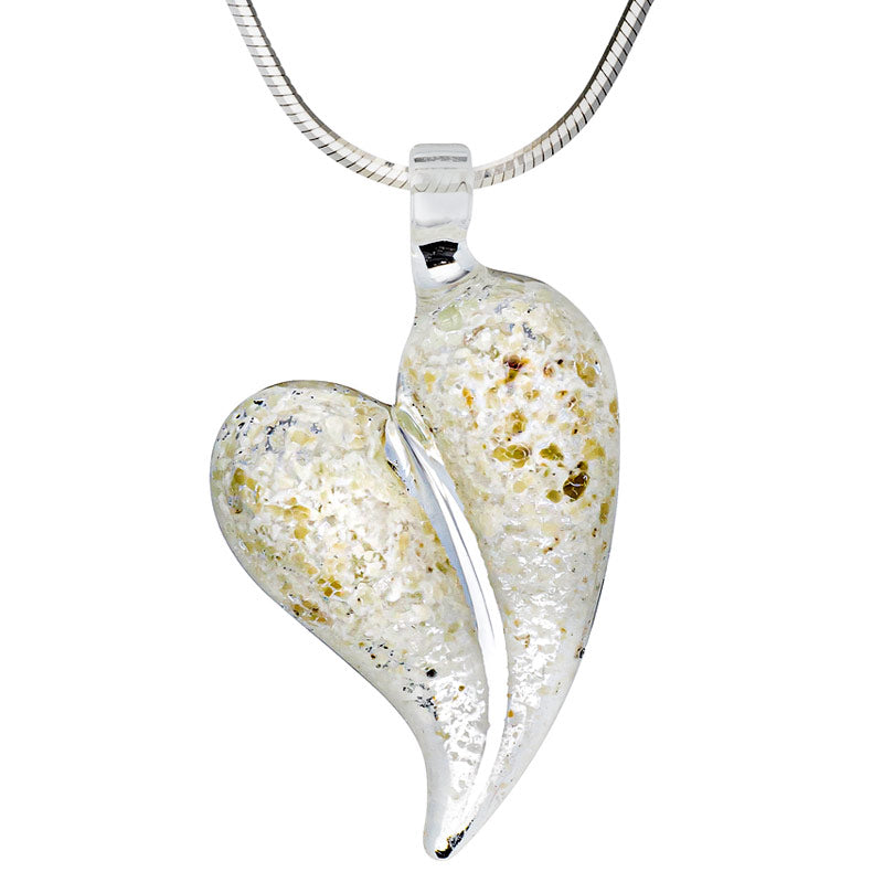 A clear glass heart memorial pendant hangs from a sterling silver snake chain.