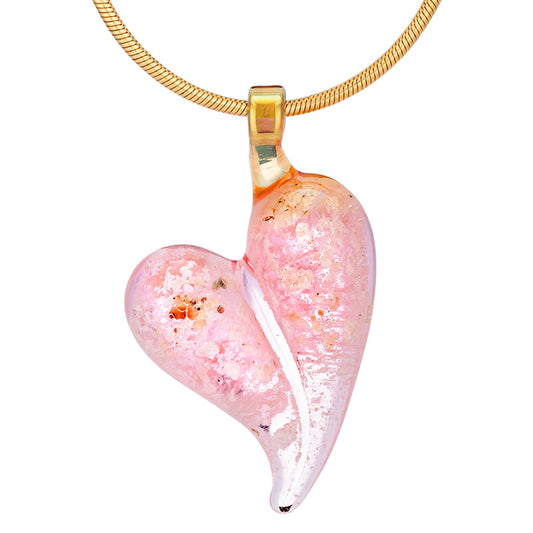 A pink glass heart memorial pendant hangs from a yellow gold snake chain.