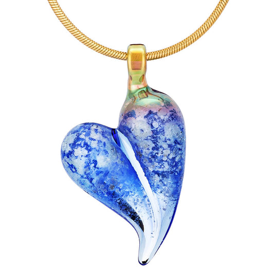 A blue glass heart memorial pendant hangs from a yellow gold snake chain.