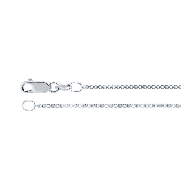 A 1.2 mm sterling silver box chain with lobster clasp is shown on a white background.