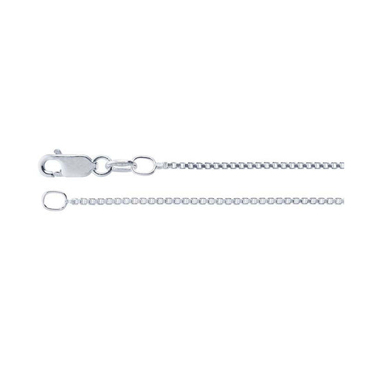 A 1.2 mm sterling silver box chain with lobster clasp is shown on a white background.