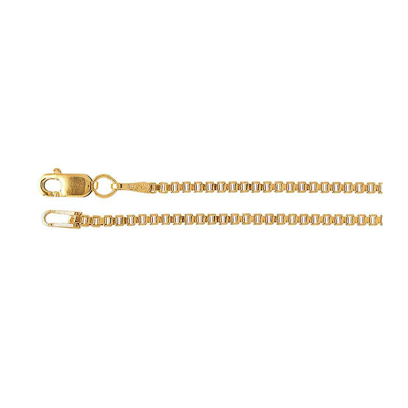 A 1.5 mm yellow gold-filled box chain with lobster clasp is shown on a white background.