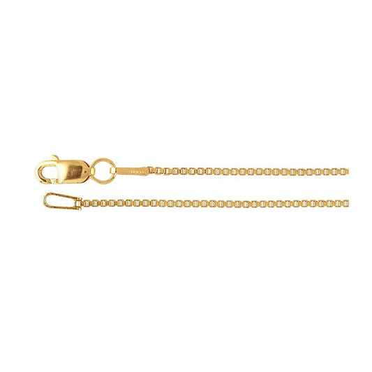 A 1 mm yellow gold-filled box chain with lobster clasp is shown on a white background.