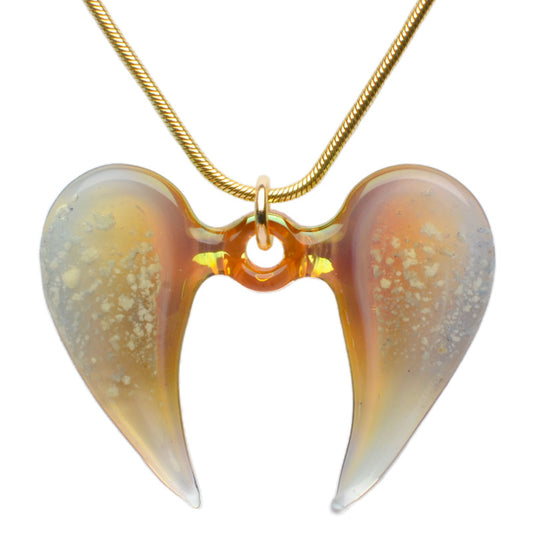 An angel wings glass memorial pendant hangs from a yellow-gold snake chain necklace.