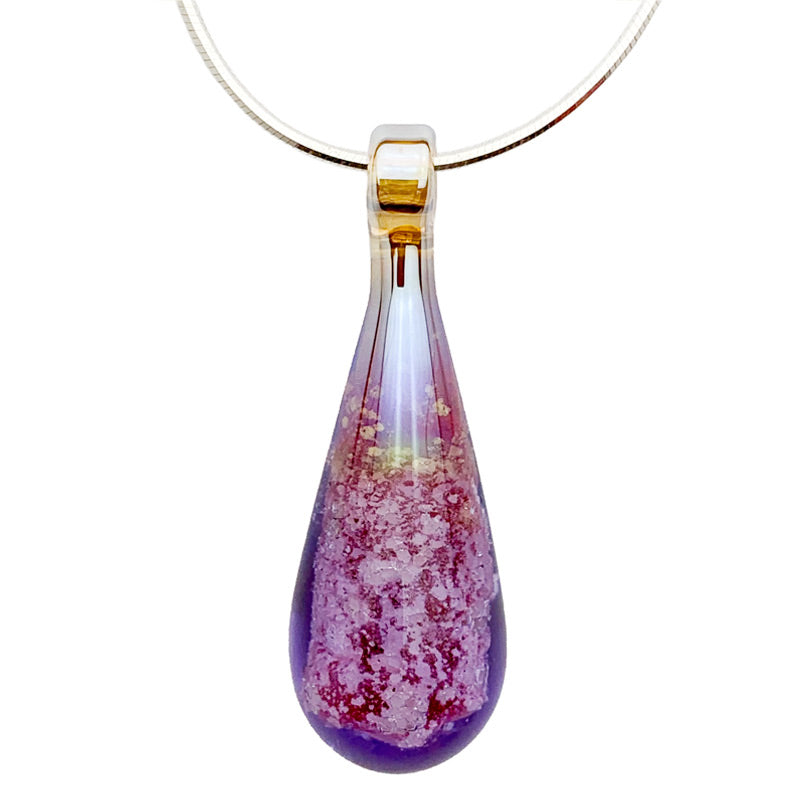 A plum-colored glass teardrop pendant necklace infused with cremation ashes, showcased on a sturdy silver snake chain against a clean white background.