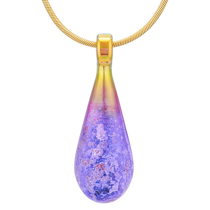 A purple glass teardrop pendant necklace infused with cremation ashes, showcased on a sturdy gold snake chain against a clean white background.