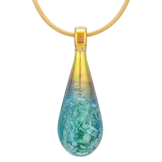 An aquamarine glass teardrop pendant necklace infused with cremation ashes, showcased on a sturdy gold snake chain against a clean white background.