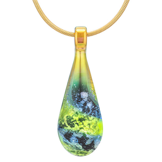 A bluish-black and green glass teardrop pendant necklace infused with cremation ashes, showcased on a sturdy gold snake chain against a clean white background.