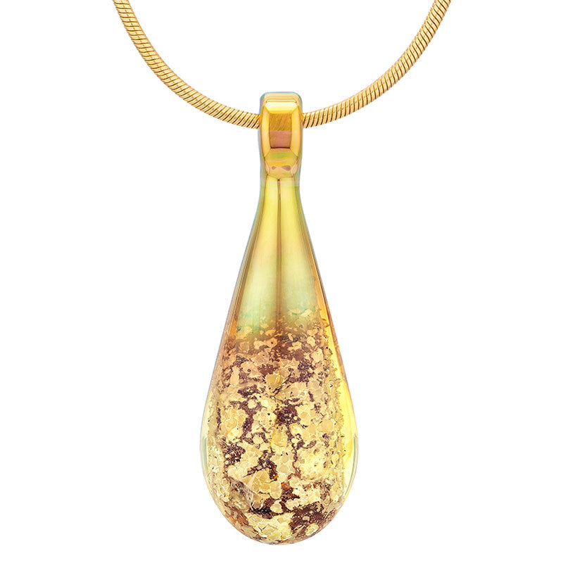 A yellowish-tan glass teardrop pendant necklace infused with cremation ashes, showcased on a sturdy gold snake chain against a clean white background.