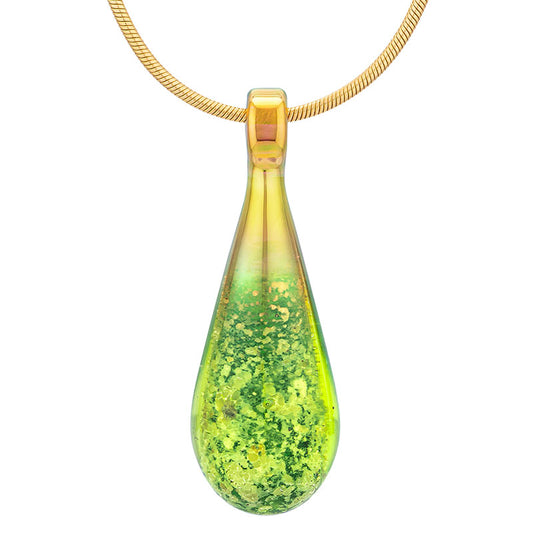 An emerald green glass teardrop pendant necklace infused with cremation ashes, showcased on a sturdy gold snake chain against a clean white background.
