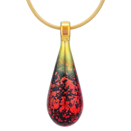 A garnet-red glass teardrop pendant necklace infused with cremation ashes, showcased on a sturdy gold snake chain against a clean white background.
