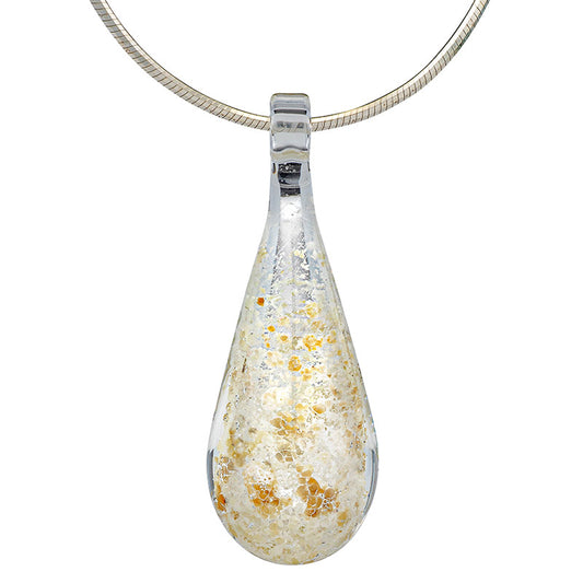 A crystal-clear glass teardrop pendant necklace infused with cremation ashes, showcased on a sturdy silver snake chain against a clean white background.