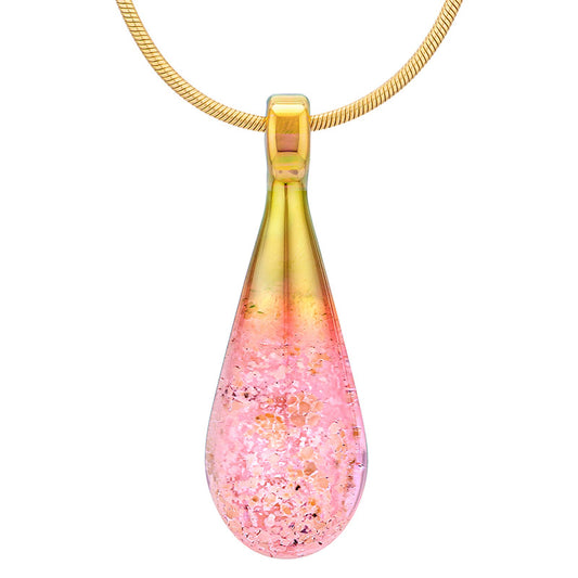 A pink glass teardrop pendant necklace infused with cremation ashes, showcased on a sturdy gold snake chain against a clean white background.