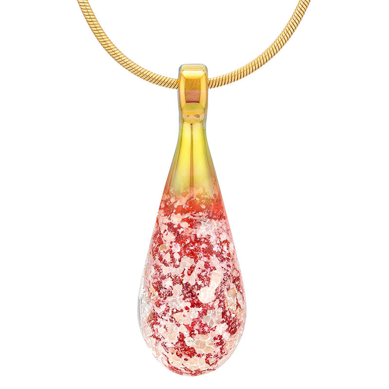 A red glass teardrop pendant necklace infused with cremation ashes, showcased on a sturdy gold snake chain against a clean white background.