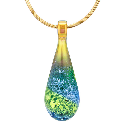 A blue and green glass teardrop pendant necklace infused with cremation ashes, showcased on a sturdy gold snake chain against a clean white background.