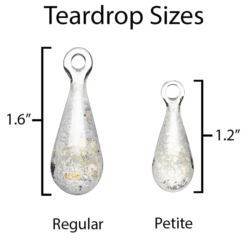 The regular and petite size glass teardrop memorial pendants shown side-by-side to compare sizes.