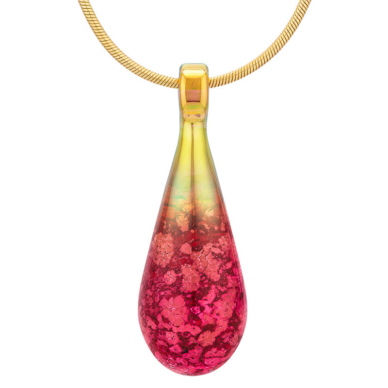 A pinkish-red glass teardrop pendant necklace infused with cremation ashes, showcased on a sturdy gold snake chain against a clean white background.